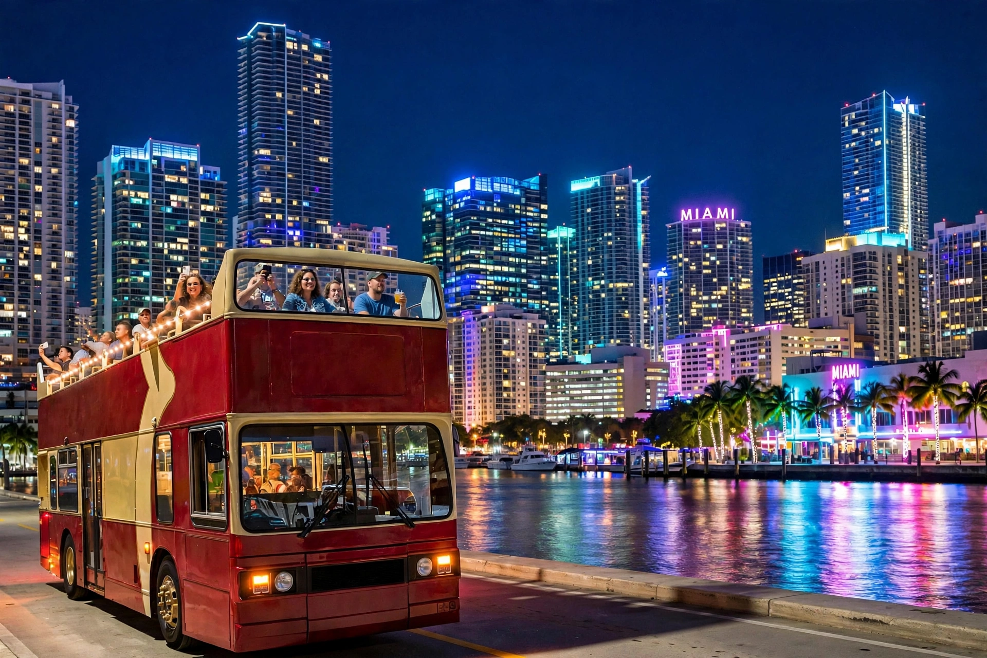 Tour nocturno en bus de dos pisos con el skyline iluminado de Miami