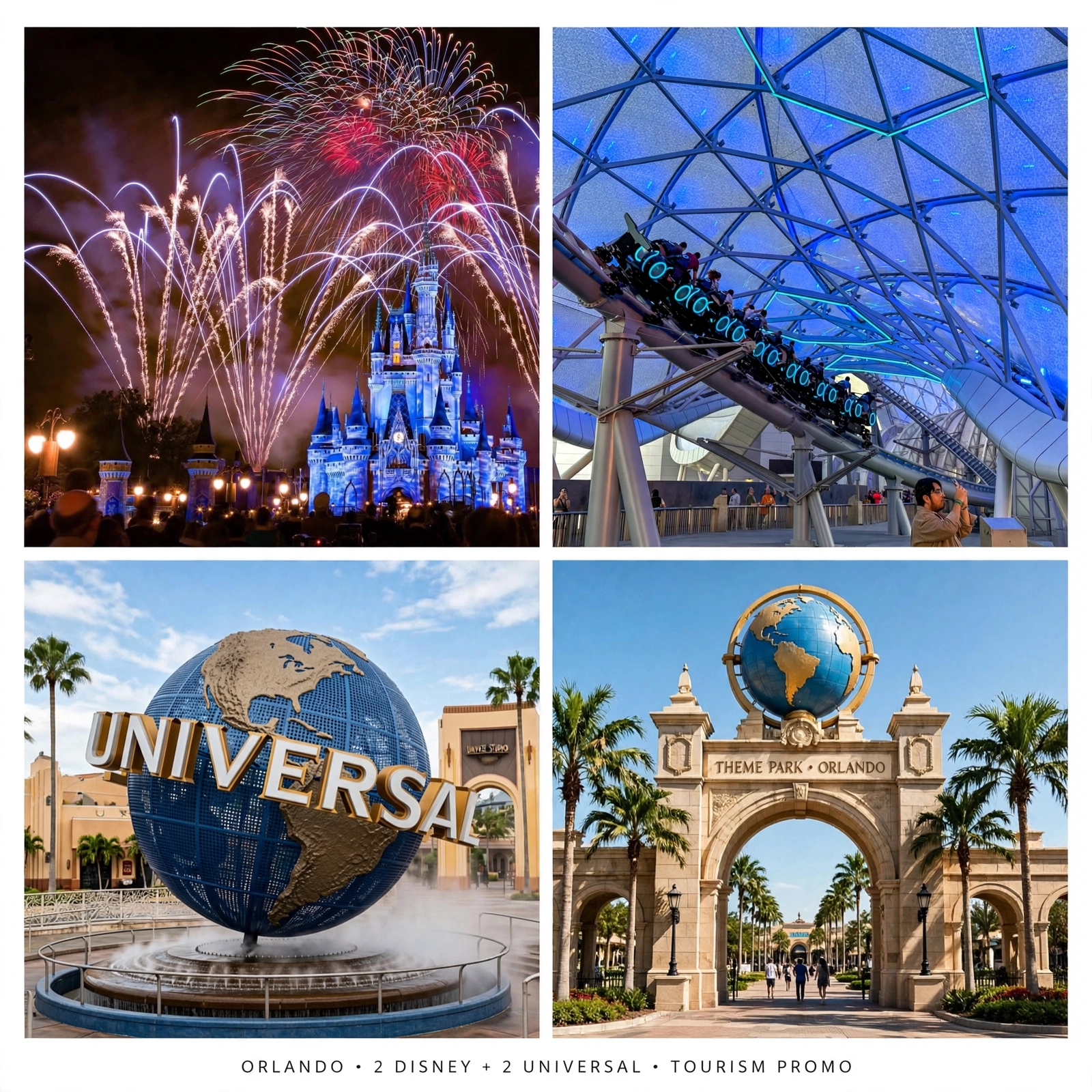 Collage de experiencias en Disney y Universal Orlando