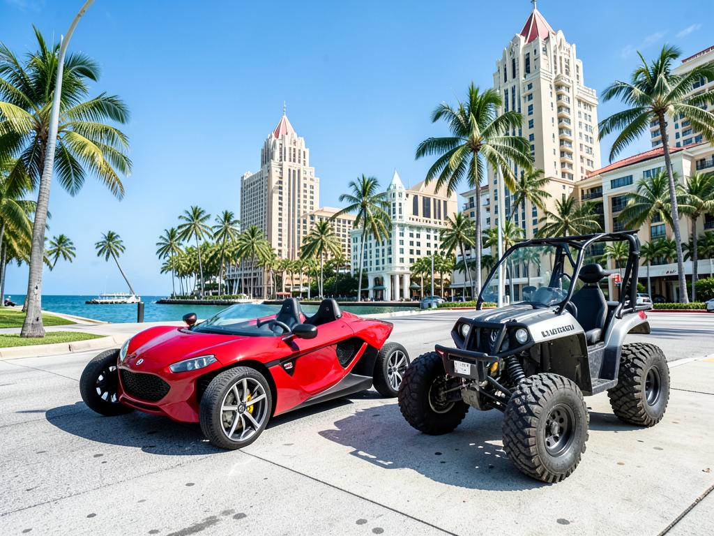 Slingshot rojo y buggy en Ocean Drive, Miami