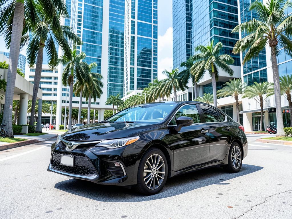 Sedán negro económico listo para rentar en Brickell, Miami