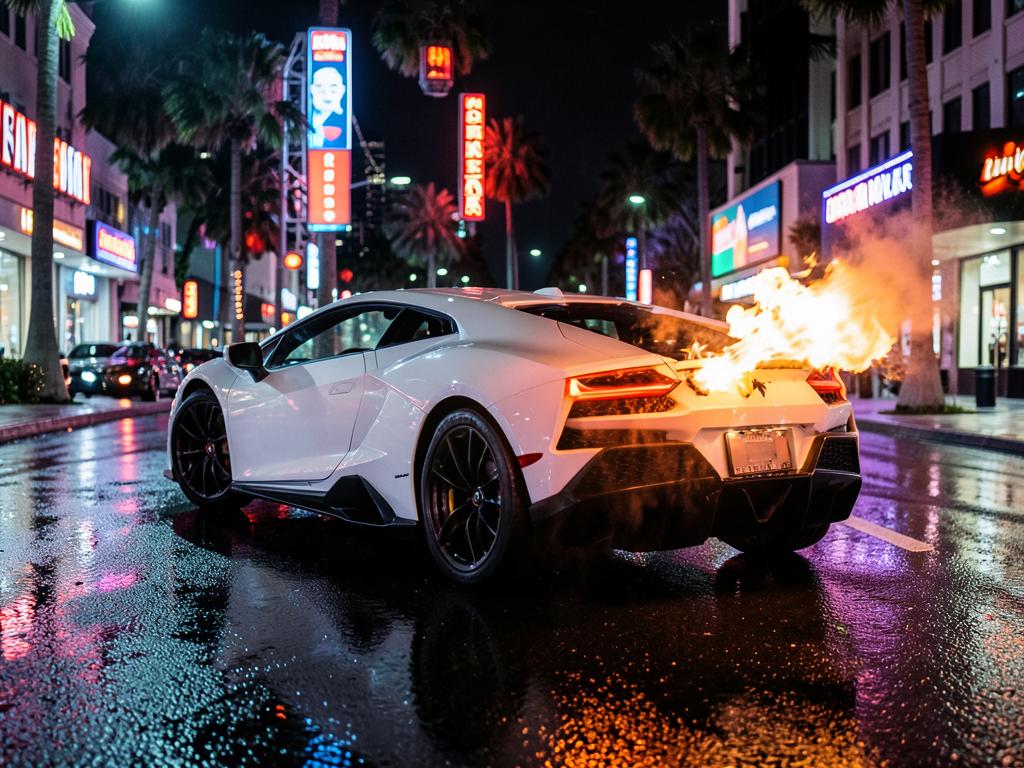 Lamborghini blanco haciendo backfire con llamas en Miami de noche
