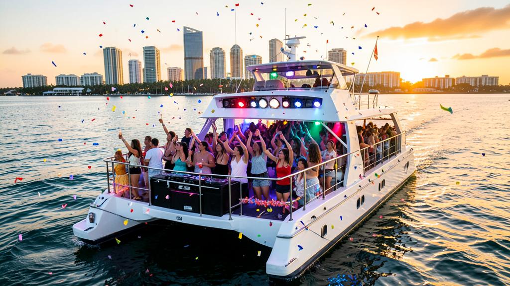 Party boat catamarán con gente de fiesta y DJ en Biscayne Bay, Miami